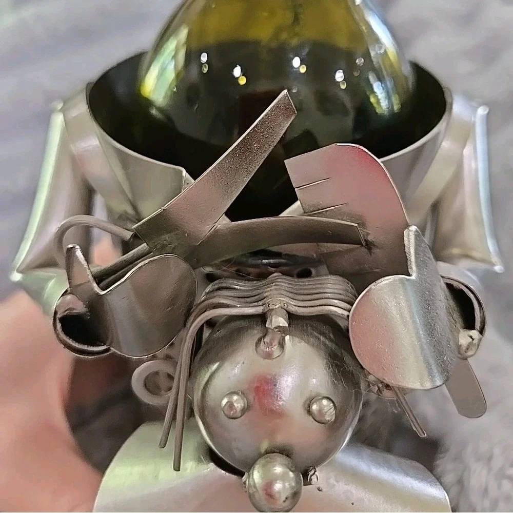 Metal Wine Bottle Holder Whimsical Figure Reading to Child Industrial Art Silver